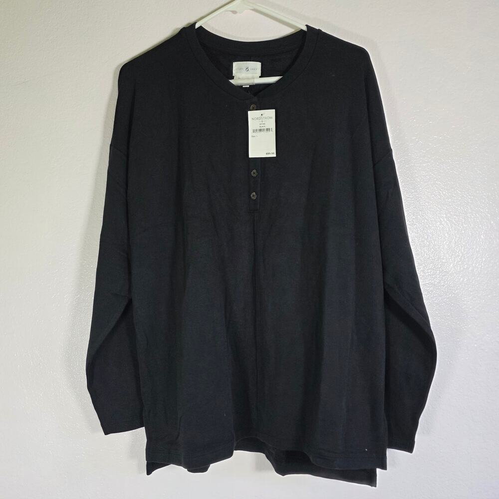 Lou & Grey Signature Soft Plush Henley Top Black Long Sleeve Large